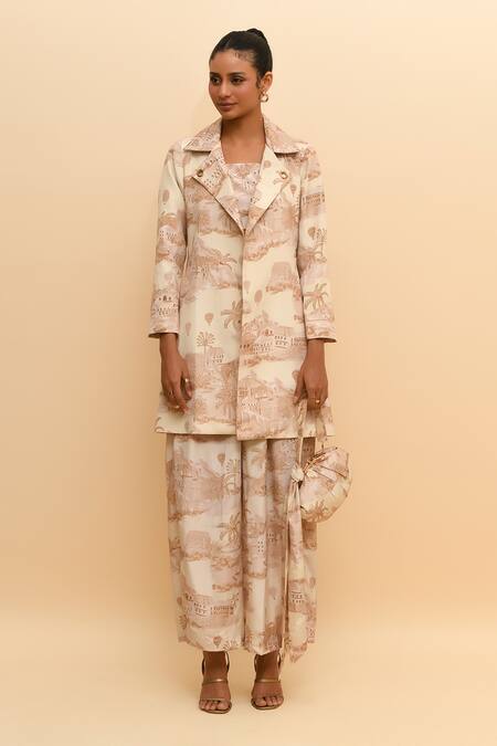 Shop R. Y By Rishi And Vibhuti Beige Crepe Collared Tropical Print Jacket And Pant Set Online at Aza Fashions Shop_R. Y By Rishi And Vibhuti_Beige Crepe Collared Tropical Print Jacket And Pant Set_Online_at_Aza_Fashions