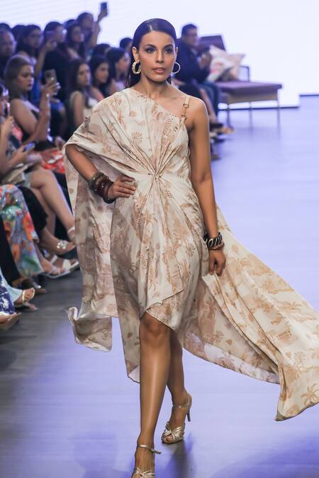 Shop R. Y By Rishi And Vibhuti Beige Crepe One Shoulder Tropical Print Asymmetric Dress at Aza Fashions Shop_R. Y By Rishi And Vibhuti_Beige Crepe One Shoulder Tropical Print Asymmetric Dress_at_Aza_Fashions