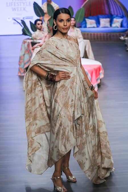 Buy R. Y By Rishi And Vibhuti Beige Crepe One Shoulder Tropical Print Asymmetric Dress Online at Aza Fashions Buy_R. Y By Rishi And Vibhuti_Beige Crepe One Shoulder Tropical Print Asymmetric Dress_Online_at_Aza_Fashions