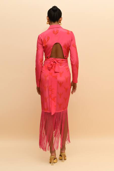 Shop R. Y By Rishi And Vibhuti Pink Crepe Embroidery, Fringe Collared Lobster Print Cropped Jacket And Skirt Set at Aza Fashions Shop_R. Y By Rishi And Vibhuti_Pink Crepe Embroidery, Fringe Collared Lobster Print Cropped Jacket And Skirt Set_at_Aza_Fashions