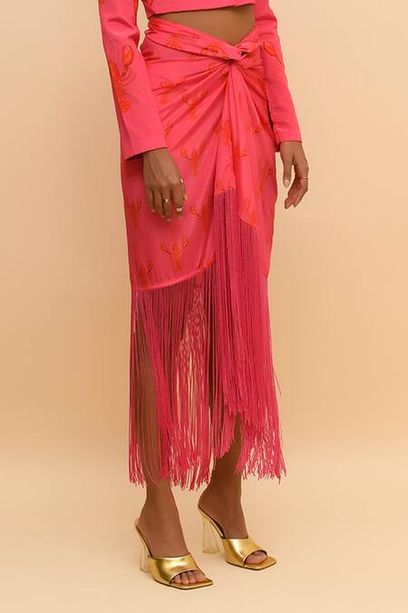 R. Y By Rishi And Vibhuti Pink Crepe Embroidery, Fringe Collared Lobster Print Cropped Jacket And Skirt Set Online at Aza Fashions R. Y By Rishi And Vibhuti_Pink Crepe Embroidery, Fringe Collared Lobster Print Cropped Jacket And Skirt Set_Online_at_Aza_Fashions