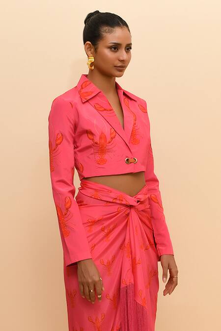 Buy R. Y By Rishi And Vibhuti Pink Crepe Embroidery, Fringe Collared Lobster Print Cropped Jacket And Skirt Set Online at Aza Fashions Buy_R. Y By Rishi And Vibhuti_Pink Crepe Embroidery, Fringe Collared Lobster Print Cropped Jacket And Skirt Set_Online_at_Aza_Fashions