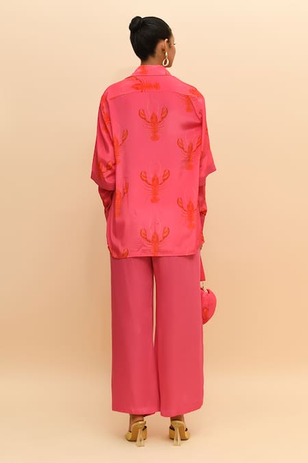 Shop R. Y By Rishi And Vibhuti Pink Crepe, Modal Embroidery Collared Lobster Print Shirt And Pant Set at Aza Fashions Shop_R. Y By Rishi And Vibhuti_Pink Crepe, Modal Embroidery Collared Lobster Print Shirt And Pant Set_at_Aza_Fashions