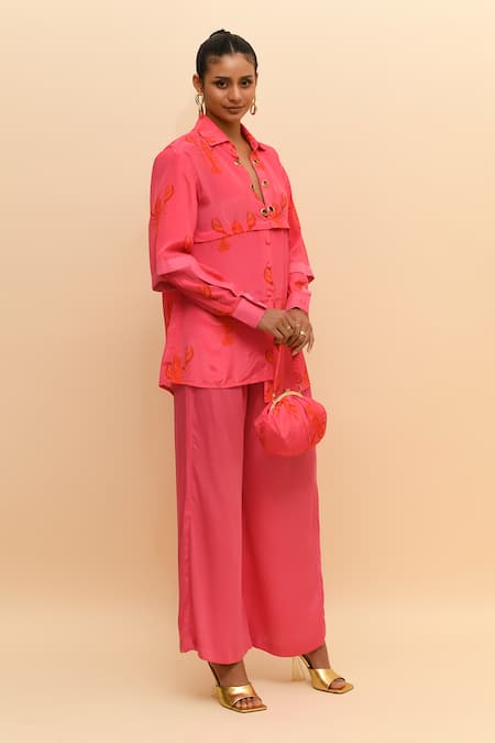 R. Y By Rishi And Vibhuti Pink Crepe, Modal Embroidery Collared Lobster Print Shirt And Pant Set Online at Aza Fashions R. Y By Rishi And Vibhuti_Pink Crepe, Modal Embroidery Collared Lobster Print Shirt And Pant Set_Online_at_Aza_Fashions