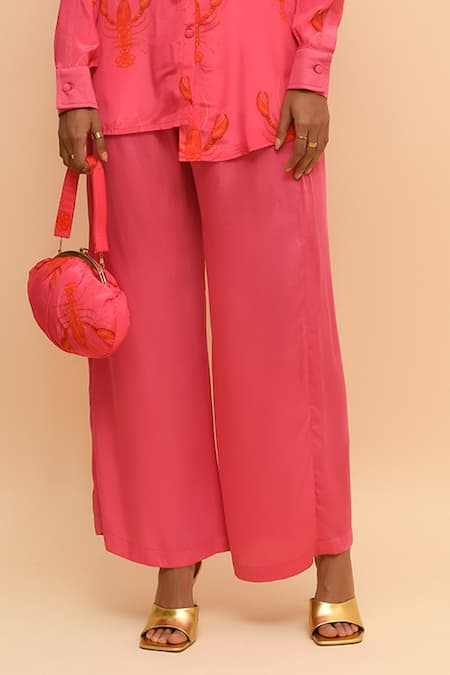 Buy R. Y By Rishi And Vibhuti Pink Crepe, Modal Embroidery Collared Lobster Print Shirt And Pant Set Online at Aza Fashions Buy_R. Y By Rishi And Vibhuti_Pink Crepe, Modal Embroidery Collared Lobster Print Shirt And Pant Set_Online_at_Aza_Fashions