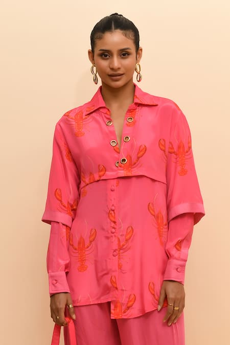 Shop R. Y By Rishi And Vibhuti Pink Crepe, Modal Embroidery Collared Lobster Print Shirt And Pant Set Online at Aza Fashions Shop_R. Y By Rishi And Vibhuti_Pink Crepe, Modal Embroidery Collared Lobster Print Shirt And Pant Set_Online_at_Aza_Fashions