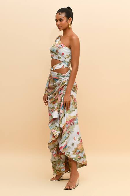Buy_R. Y By Rishi And Vibhuti_Multi Color Crepe Buckles One Shoulder Cityscape Print Maxi Dress_Online_at_Aza_Fashions