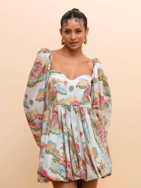 R. Y By Rishi And Vibhuti_Multi Color Crepe Sweetheart Neck Cityscape Print Balloon Dress_Online_at_Aza_Fashions