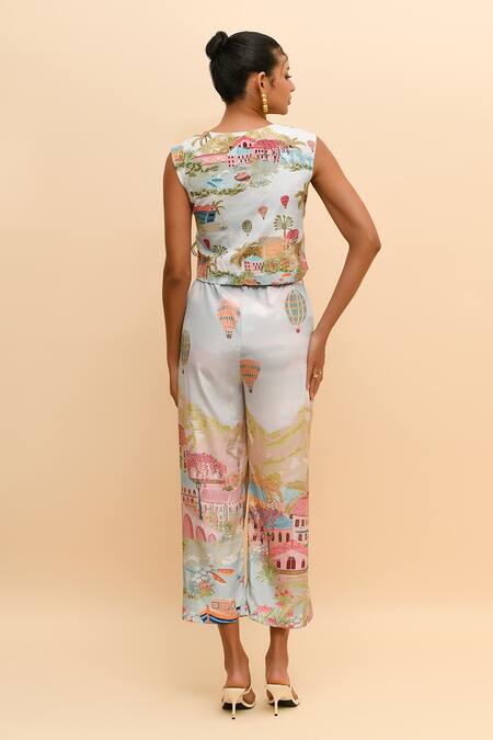 Shop R. Y By Rishi And Vibhuti Multi Color Crepe V-neck Cityscape Print Vest Top And Pant Set at Aza Fashions Shop_R. Y By Rishi And Vibhuti_Multi Color Crepe V-neck Cityscape Print Vest Top And Pant Set_at_Aza_Fashions