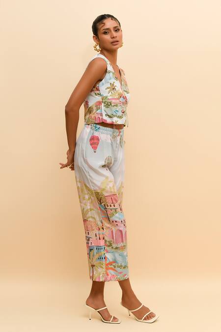 Shop R. Y By Rishi And Vibhuti Multi Color Crepe V-neck Cityscape Print Vest Top And Pant Set Online at Aza Fashions Shop_R. Y By Rishi And Vibhuti_Multi Color Crepe V-neck Cityscape Print Vest Top And Pant Set_Online_at_Aza_Fashions