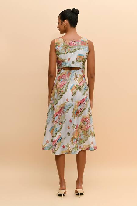 Shop_R. Y By Rishi And Vibhuti_Multi Color Crepe Square Neck Cityscape Print Midi Dress _at_Aza_Fashions
