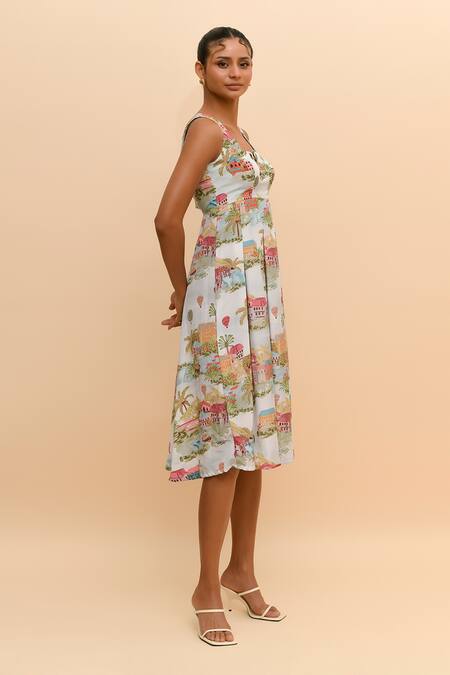 Buy_R. Y By Rishi And Vibhuti_Multi Color Crepe Square Neck Cityscape Print Midi Dress _Online_at_Aza_Fashions