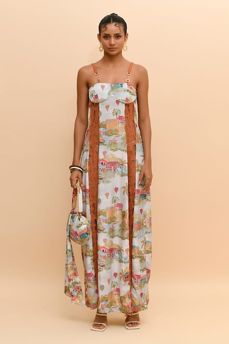 R. Y By Rishi And Vibhuti_Multi Color Crepe Square Neck Cityscape Print Maxi Dress_Online_at_Aza_Fashions