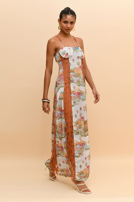 Buy_R. Y By Rishi And Vibhuti_Multi Color Crepe Square Neck Cityscape Print Maxi Dress_Online_at_Aza_Fashions