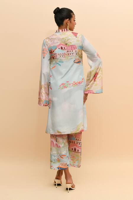 Shop R. Y By Rishi And Vibhuti Multi Color Crepe Mandarin Collar Cityscape Print Kurta And Flared Pant Set at Aza Fashions Shop_R. Y By Rishi And Vibhuti_Multi Color Crepe Mandarin Collar Cityscape Print Kurta And Flared Pant Set_at_Aza_Fashions