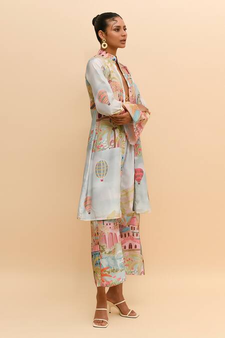 R. Y By Rishi And Vibhuti Multi Color Crepe Mandarin Collar Cityscape Print Kurta And Flared Pant Set Online at Aza Fashions R. Y By Rishi And Vibhuti_Multi Color Crepe Mandarin Collar Cityscape Print Kurta And Flared Pant Set_Online_at_Aza_Fashions