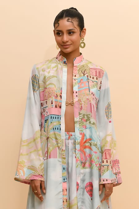 Shop R. Y By Rishi And Vibhuti Multi Color Crepe Mandarin Collar Cityscape Print Kurta And Flared Pant Set Online at Aza Fashions Shop_R. Y By Rishi And Vibhuti_Multi Color Crepe Mandarin Collar Cityscape Print Kurta And Flared Pant Set_Online_at_Aza_Fashions