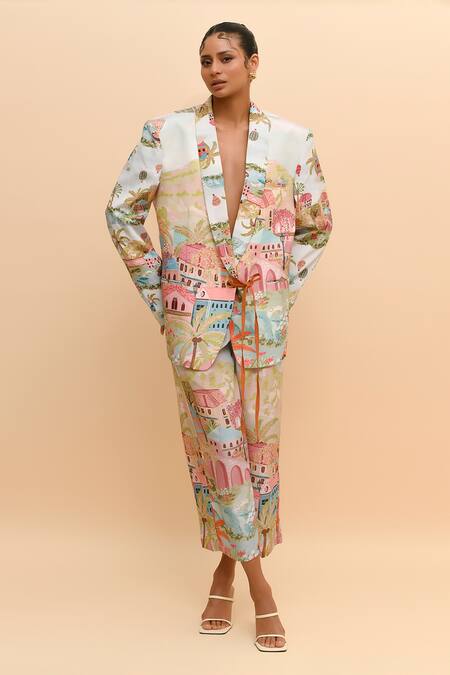 Shop R. Y By Rishi And Vibhuti Multi Color Crepe Cityscape Print Oversized Blazer Online at Aza Fashions Shop_R. Y By Rishi And Vibhuti_Multi Color Crepe Cityscape Print Oversized Blazer_Online_at_Aza_Fashions