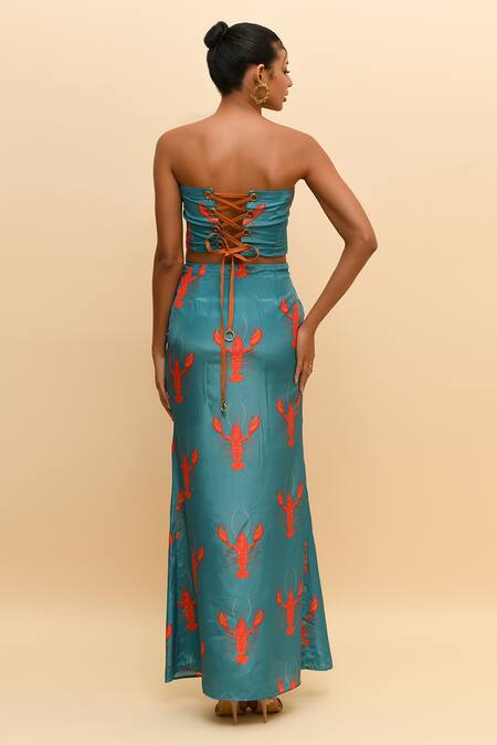 Shop R. Y By Rishi And Vibhuti Blue Crepe Off-shoulder Scorpion Print Corset Top And Draped Skirt at Aza Fashions Shop_R. Y By Rishi And Vibhuti_Blue Crepe Off-shoulder Scorpion Print Corset Top And Draped Skirt_at_Aza_Fashions