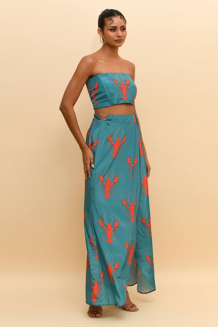 R. Y By Rishi And Vibhuti Blue Crepe Off-shoulder Scorpion Print Corset Top And Draped Skirt Online at Aza Fashions R. Y By Rishi And Vibhuti_Blue Crepe Off-shoulder Scorpion Print Corset Top And Draped Skirt_Online_at_Aza_Fashions