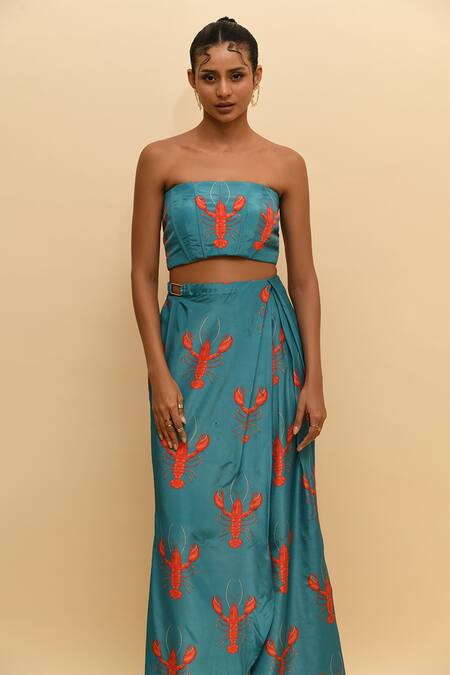 Buy R. Y By Rishi And Vibhuti Blue Crepe Off-shoulder Scorpion Print Corset Top And Draped Skirt Online at Aza Fashions Buy_R. Y By Rishi And Vibhuti_Blue Crepe Off-shoulder Scorpion Print Corset Top And Draped Skirt_Online_at_Aza_Fashions
