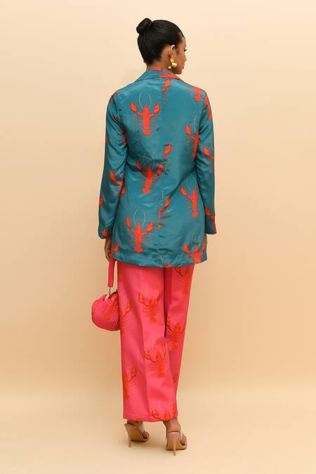 Shop R. Y By Rishi And Vibhuti Blue Crepe Teal Scorpion Print Blazer And Pant Set at Aza Fashions Shop_R. Y By Rishi And Vibhuti_Blue Crepe Teal Scorpion Print Blazer And Pant Set_at_Aza_Fashions