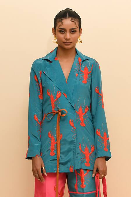 R. Y By Rishi And Vibhuti Blue Crepe Teal Scorpion Print Blazer And Pant Set Online at Aza Fashions R. Y By Rishi And Vibhuti_Blue Crepe Teal Scorpion Print Blazer And Pant Set_Online_at_Aza_Fashions