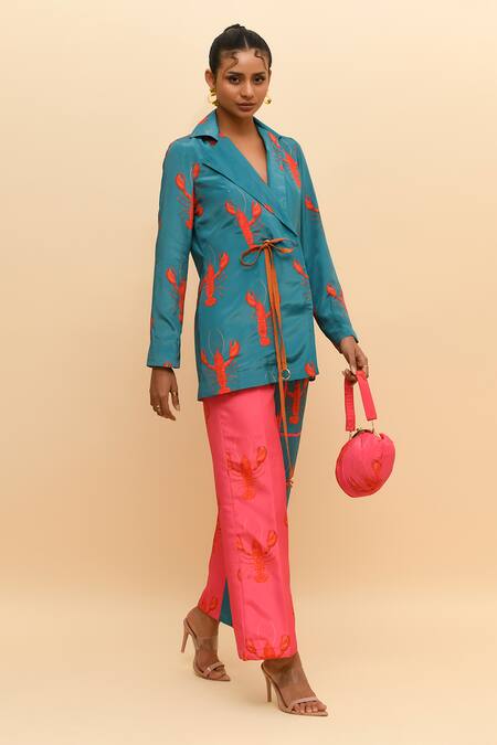 Buy R. Y By Rishi And Vibhuti Blue Crepe Teal Scorpion Print Blazer And Pant Set Online at Aza Fashions Buy_R. Y By Rishi And Vibhuti_Blue Crepe Teal Scorpion Print Blazer And Pant Set_Online_at_Aza_Fashions