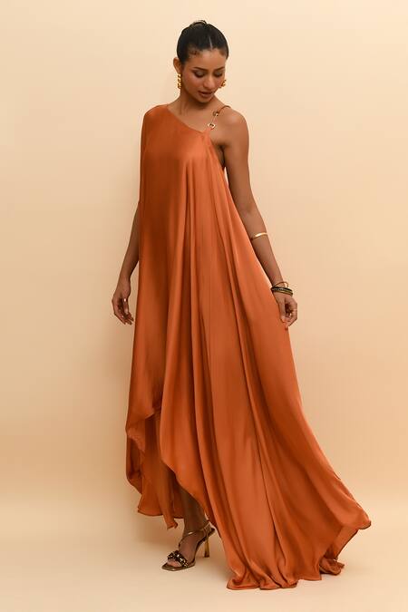 R. Y By Rishi And Vibhuti_Orange Modal, Silk One Shoulder Tan Draped Dress_Online_at_Aza_Fashions