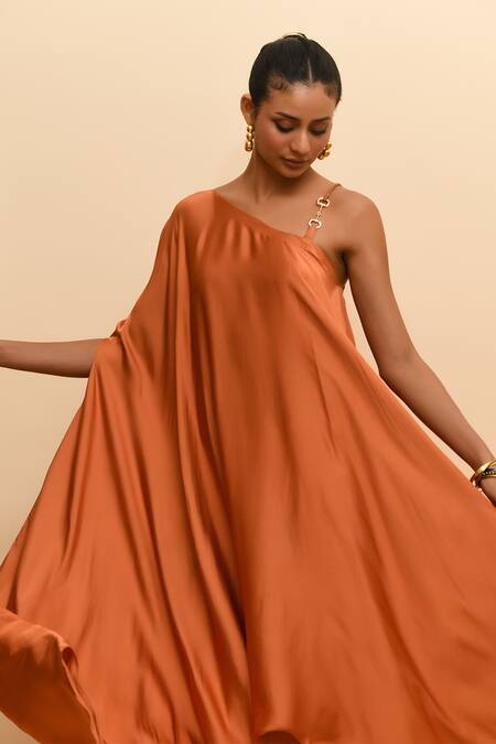 Buy_R. Y By Rishi And Vibhuti_Orange Modal, Silk One Shoulder Tan Draped Dress_Online_at_Aza_Fashions