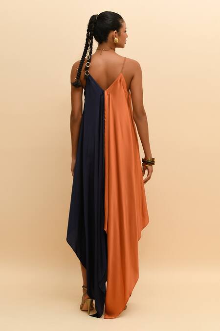 R. Y By Rishi And Vibhuti_Blue Modal, Silk V-neck Asymmetric Colorblocked Maxi Dress_Online_at_Aza_Fashions