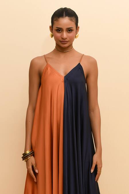 Buy_R. Y By Rishi And Vibhuti_Blue Modal, Silk V-neck Asymmetric Colorblocked Maxi Dress_Online_at_Aza_Fashions