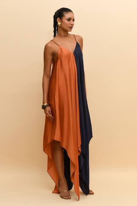Shop_R. Y By Rishi And Vibhuti_Blue Modal, Silk V-neck Asymmetric Colorblocked Maxi Dress_Online_at_Aza_Fashions