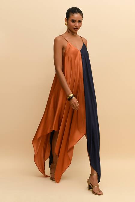 R. Y By Rishi And Vibhuti_Blue Modal, Silk V-neck Asymmetric Colorblocked Maxi Dress_at_Aza_Fashions