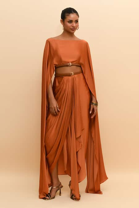 R.Y by Rishi and Vibhuti Solid Belted Top With Draped Skirt 