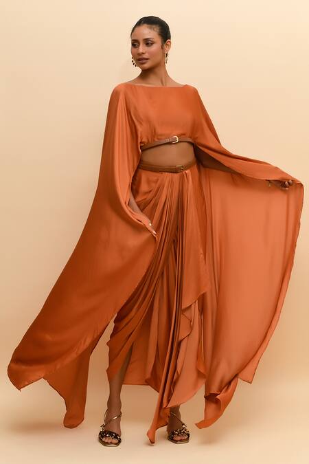 R. Y By Rishi And Vibhuti_Orange Modal, Silk Buckles Boat Neck Solid Belted Top With Draped Skirt_Online_at_Aza_Fashions