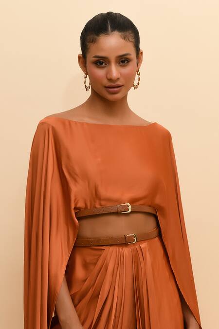 Buy_R. Y By Rishi And Vibhuti_Orange Modal, Silk Buckles Boat Neck Solid Belted Top With Draped Skirt_Online_at_Aza_Fashions