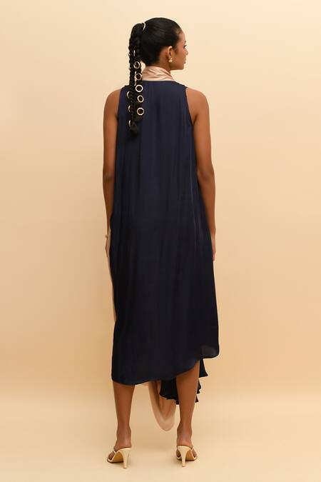 Shop R. Y By Rishi And Vibhuti Blue Modal, Silk V-neck Colorblocked Cowl Draped Maxi Dress at Aza Fashions Shop_R. Y By Rishi And Vibhuti_Blue Modal, Silk V-neck Colorblocked Cowl Draped Maxi Dress_at_Aza_Fashions