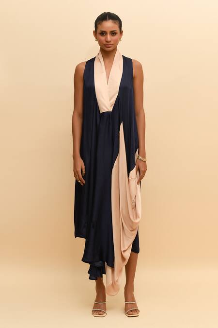 R. Y By Rishi And Vibhuti Blue Modal, Silk V-neck Colorblocked Cowl Draped Maxi Dress Online at Aza Fashions R. Y By Rishi And Vibhuti_Blue Modal, Silk V-neck Colorblocked Cowl Draped Maxi Dress_Online_at_Aza_Fashions