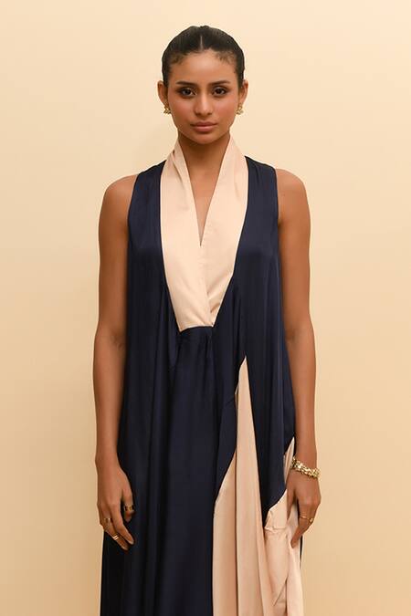 Buy R. Y By Rishi And Vibhuti Blue Modal, Silk V-neck Colorblocked Cowl Draped Maxi Dress Online at Aza Fashions Buy_R. Y By Rishi And Vibhuti_Blue Modal, Silk V-neck Colorblocked Cowl Draped Maxi Dress_Online_at_Aza_Fashions