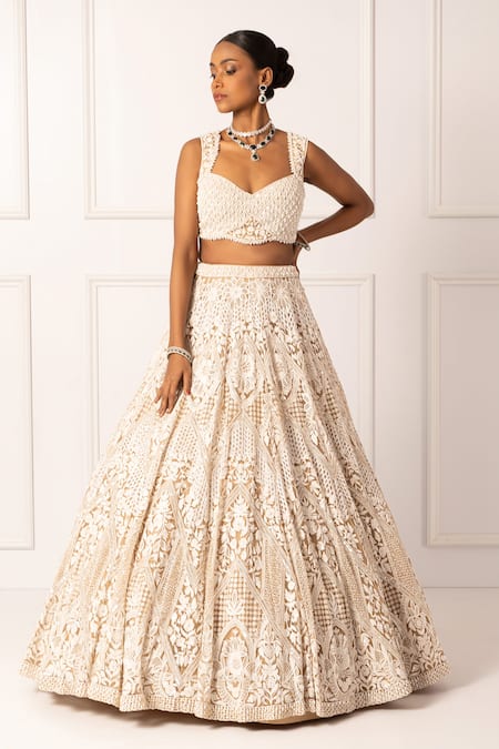 Buy_Isha Regalia_Beige Net, Satin Pearls, Sequins Round Floral Embroidered Bridal Lehenga Set _Online_at_Aza_Fashions