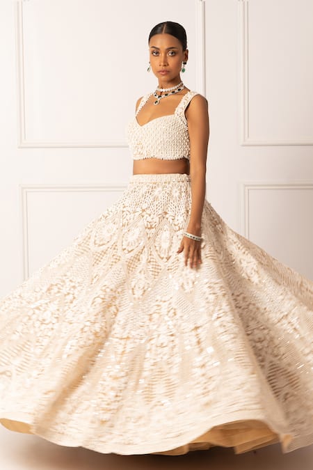Shop_Isha Regalia_Beige Net, Satin Pearls, Sequins Round Floral Embroidered Bridal Lehenga Set _Online_at_Aza_Fashions