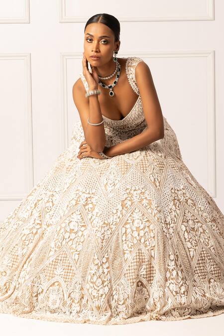 Isha Regalia_Beige Net, Satin Pearls, Sequins Round Floral Embroidered Bridal Lehenga Set _at_Aza_Fashions