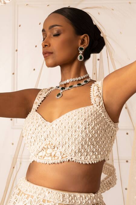 Shop_Isha Regalia_Beige Net, Satin Pearls, Sequins Round Floral Embroidered Bridal Lehenga Set 