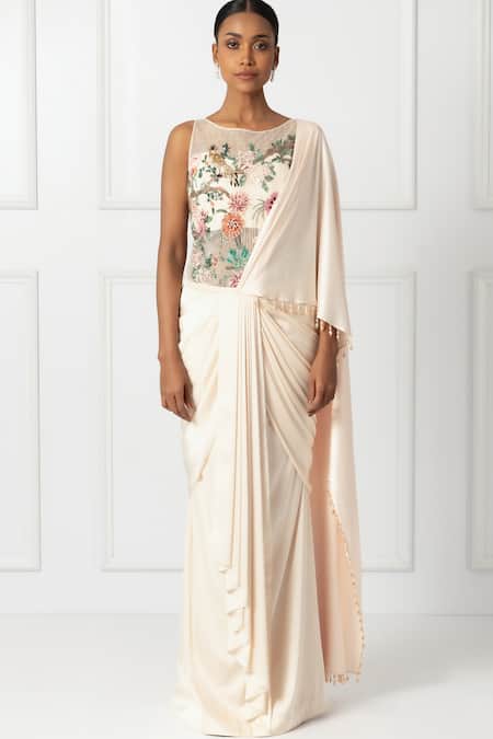 Isha Regalia_Ivory Net, Satin Sequins, Beads, Embellished Pre-draped Saree And Bodysuit _Online_at_Aza_Fashions