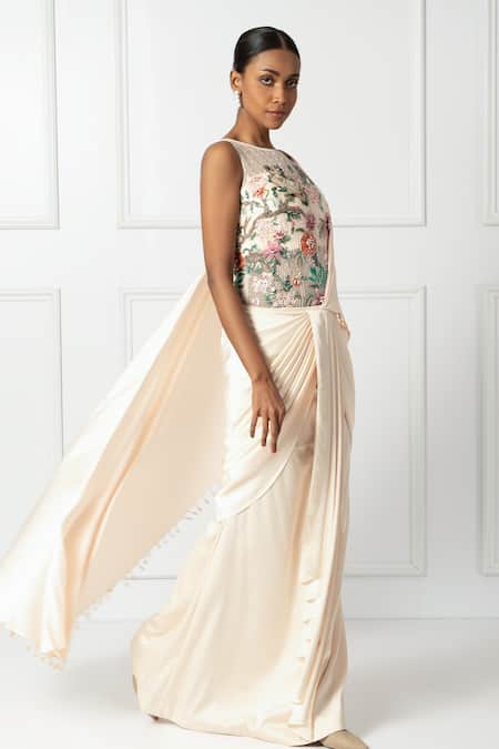 Buy_Isha Regalia_Ivory Net, Satin Sequins, Beads, Embellished Pre-draped Saree And Bodysuit _Online_at_Aza_Fashions