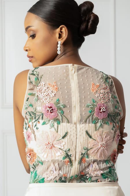 Shop_Isha Regalia_Ivory Net, Satin Sequins, Beads, Embellished Pre-draped Saree And Bodysuit _Online_at_Aza_Fashions