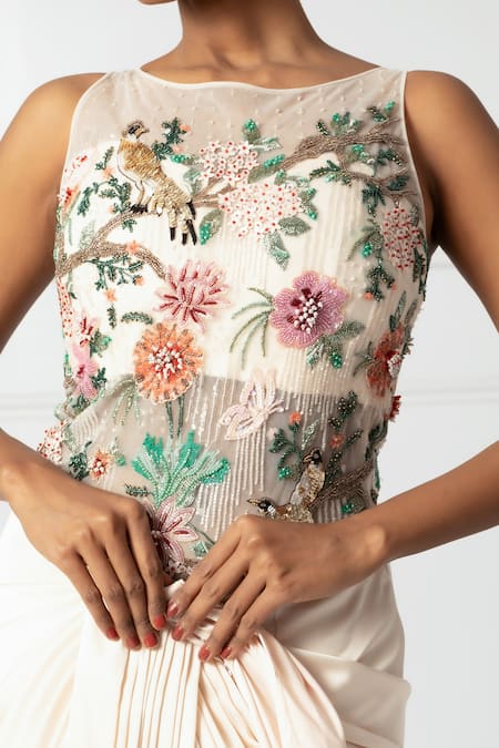 Isha Regalia_Ivory Net, Satin Sequins, Beads, Embellished Pre-draped Saree And Bodysuit _at_Aza_Fashions