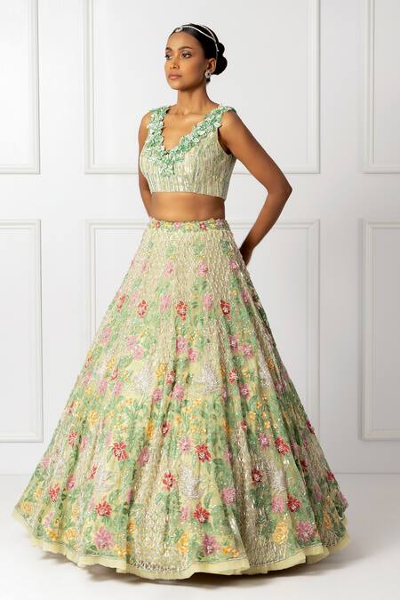Buy_Isha Regalia_Green Satin, Net Crystals, Sequins, Floral 3d Embellished Bridal Lehenga Set _Online_at_Aza_Fashions