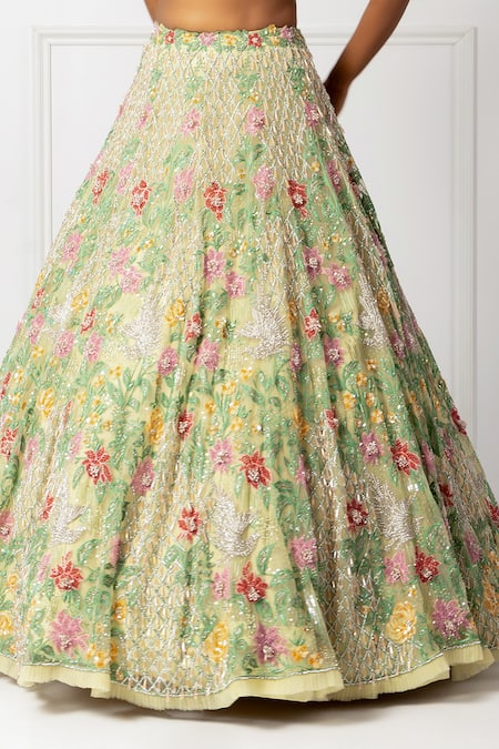 Shop_Isha Regalia_Green Satin, Net Crystals, Sequins, Floral 3d Embellished Bridal Lehenga Set _Online_at_Aza_Fashions